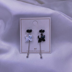 گوشواره گربه و پاپیون سفید مشکی با چشم آبی ضد حساسیت EG-14