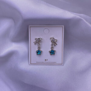 گوشواره پاپیون و ستاره با نگین آبی فیروزه ای و پر نگین استیل ضد حساسیتEG-9