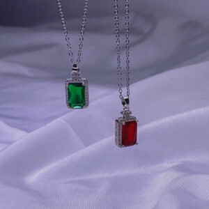 "گردنبند استیل رنگ ثابت با نگین قرمز مستطیلی نگین‌دار - ست با گردنبند سبز NK-54"