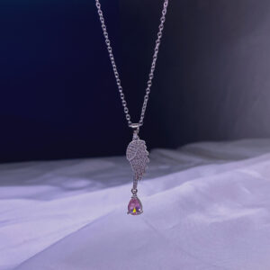 گردنبند بال نگین دار براق به همراه اشک با نگین صورتی استیل جذاب